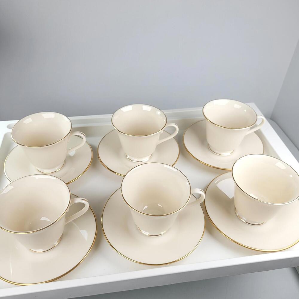 Lenox Cosmopolitan Hayworth Tea Cups & Saucers Set Of 6 Ivory & Gold Rim Collect